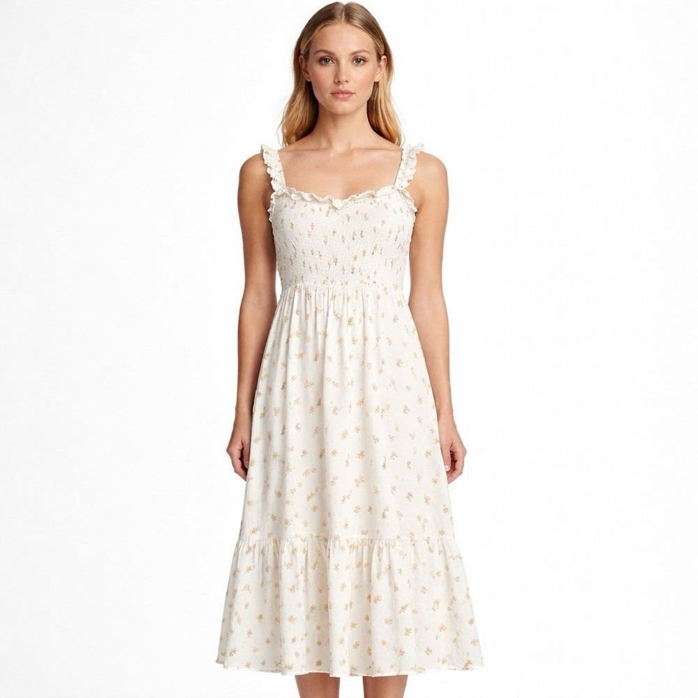Reformation Siesta Midi Dress Rosebud Floral Yellow Smocked Ruffles Size‎ Small